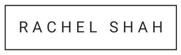 A logo that says 'Rachel Shah' in black text on a white background with a simple black border.